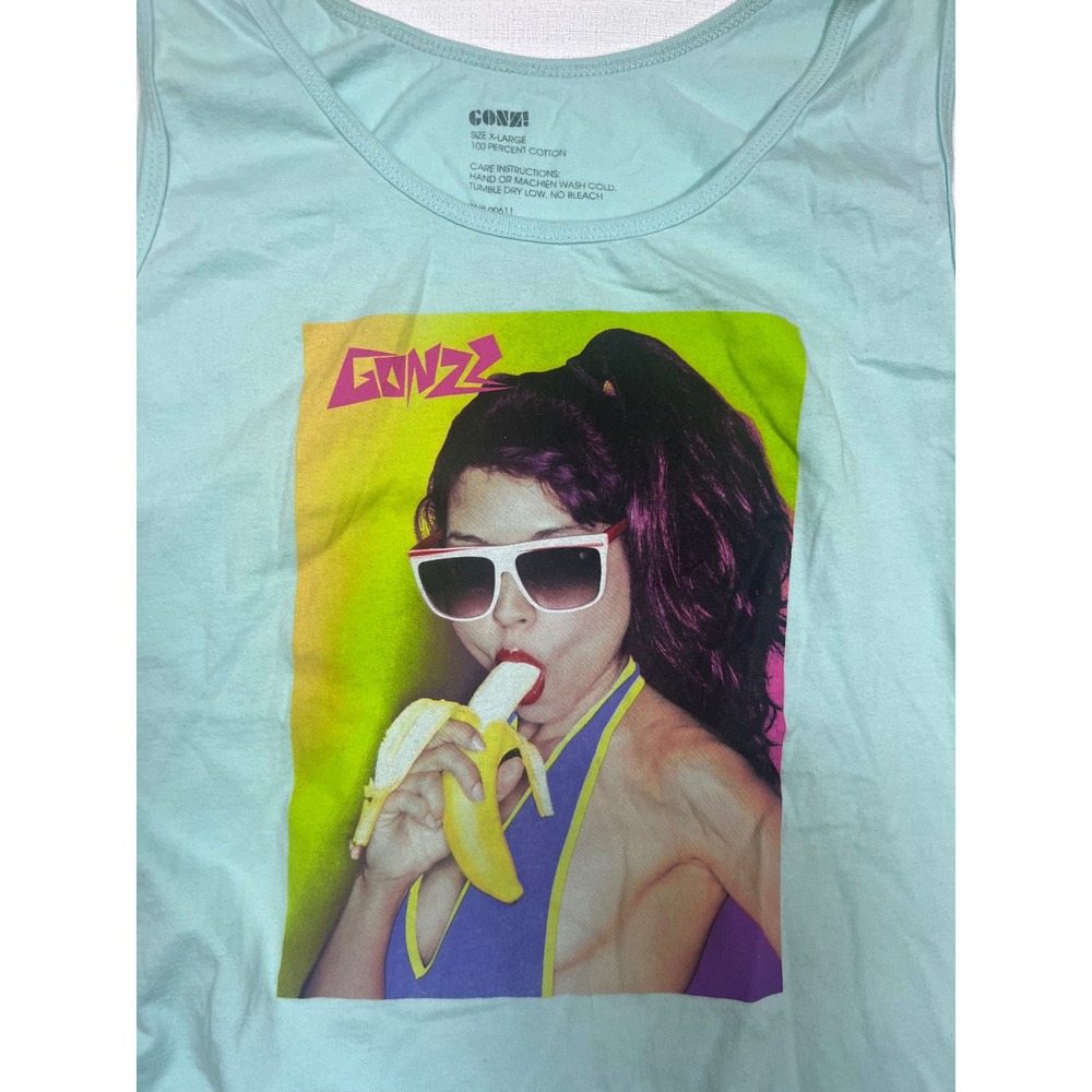 GONZ! Graphic Tank Top Mint Green Purple Hair Banana Photo Print Mens XL Cotton